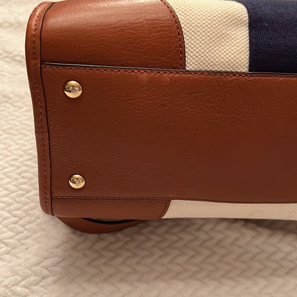 Michael Kors Hamilton Bag Large Blue Stripe Satchel Creme Leather Trim - Picture 3 of 13